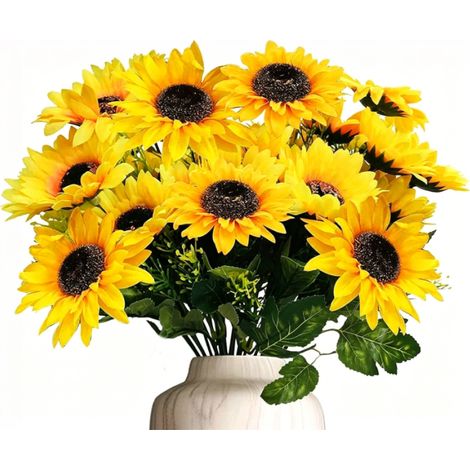 Lot de 4 bouquets Tournesol, 28 fleurs Soie, Résistant UV, Décoration Intérieur Extérieur, Mariage Maison (1/5)