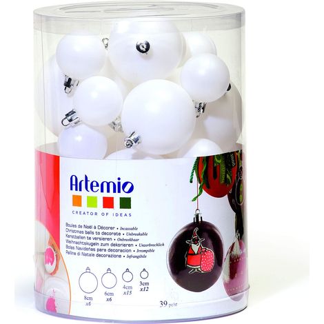 Artemio Palline di Natale, in plastica, bianche, da decorare in diverse dimensioni, 39 pezzi (1/2)