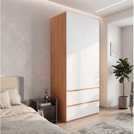 Kleiderschrank 90×50×200 cm aus MDF, Weiß mit Eichenoptik, 2 Schubladen – MEUBLIV (1/5)