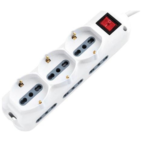 Multipresa con Cavo 1,5m e 9x Prese 10/16A (6x Laterali Bipasso + 3x Frontale Bipasso/Schuko), Spina 16A e Interruttore Colore Bianco (1/3)
