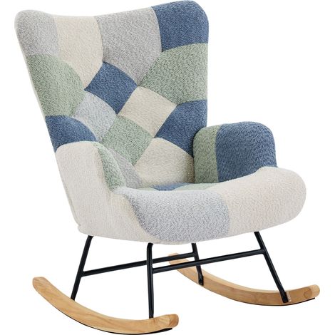 Fauteuil à Bascule - 1 Place - Confortable - Tissu - Repose-Pieds Inclus & Accoudoirs - 122 x 68 x 91 cm - Scandinave - Beige & Bleu (1/5)