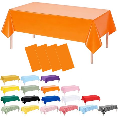 Lot de 4 Nappes Jetables en Plastique Orange, 137 x 274 cm, Nappes PEVA Rectangulaires Imperméables Essuyables pour Anniversaire Halloween BBQ (1/5)