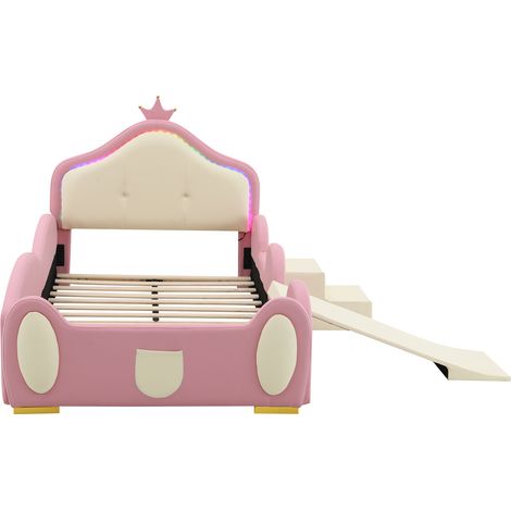 Gepolstertes Kinderbett Crown Cartoon 90x200 cm aus PU in Rosa/Beige mit LED, Rutsche und Leiter (1/5)