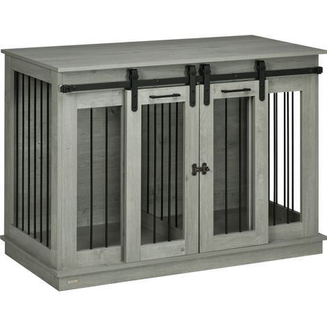 CHICFURN Jaula para perro de madera gris 120x60x88,5 cm, doble puerta, 2 espacios, 60 kg (1/5)
