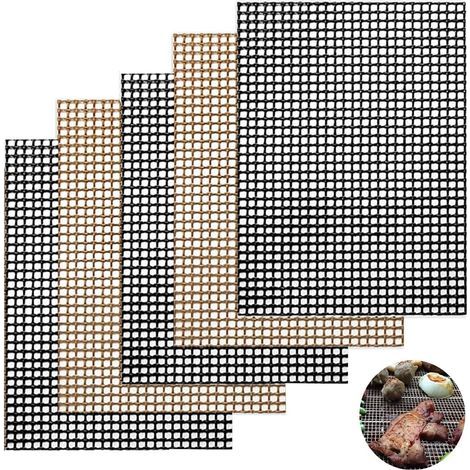 Tapis de gril, 5 grilles de tapis de gril, accessoires de gril antiadhésifs réutilisables pour la cuisson, 40 x 33 cm (noir + marron) (1/5)
