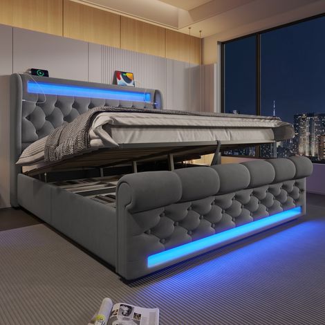 Polsterbett 160/200 cm grau aus Samt mit LED, Stauraum und USB-C (1/5)
