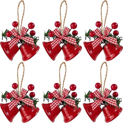 6 campanas navideñas rojas con colgador para árbol de Navidad, campanas navideñas de metal decoradas (1/5)