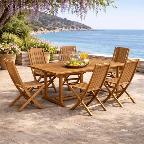Conjunto de mesa de jardín de teca Nina 160/210 y 6 sillas Helza