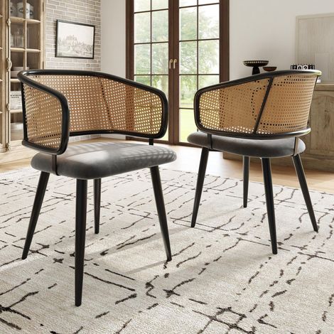 Lot de 2 Chaises - Dossier Rotin, Assise Velours, Confortable, Design Moderne pour Salle à Manger/Salon/Café - Gris (1/5)