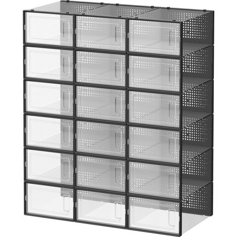 Boîtes à Chaussures, Lot de 18, Organisateur de Chaussures en Plastique, Pliable et Empilable, jusqu'à la Pointure 44, Transparent et Noir (1/5)