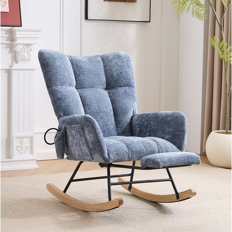 Sedia a dondolo imbottita, schienale alto, braccioli, tasca laterale, poggiapiedi, tessuto chenille blu (1/5)
