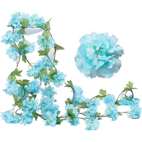 Faux Cerise Vigne Fleurs Plante Artificielles Lierre Suspendu Guirlande de aux Feuilles pour Jardin Mariage 2 Pack 230cm Soie Vertes Bleu (1/4)