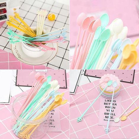 30 cuillères en plastique colorées à long manche pour café, thé, crème glacée, lait, sauce et colle (1/4)