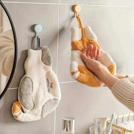 2 simpatici asciugamani in microfibra a forma di gatto, morbidi e assorbenti, perfetti da appendere in cucina come decorazione. (1/4)