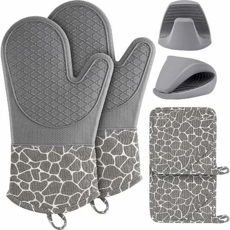 Silicone antidérapants Résistants à la Chaleur 2 Gants 2 maniques 2 Pinces à Main pour Cuisine, Four, Micro-Ondes, Barbecue, pâtisserie (Gris) (1/5)