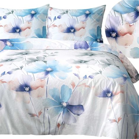 Baumwollbettwäsche 180x200 cm, Satin, Baumwolle, große Blumen, Farben: Blaugrau (1/5)