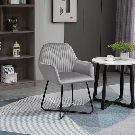 Sillón de Salón Tapizado en Terciopelo con Asiento Acolchado Base Metálica Cruzada Gris (1/5)
