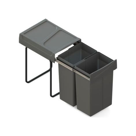 Emuca – Contenedor de reciclaje extraíble 50L – 2 compartimentos de 25L – Fijación inferior para muebles de cocina – Acero y plástico gris antracita (1/5)