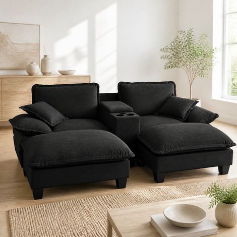 Canapé modulable 224x151x90 cm noir en chenille avec USB, rangement, porte-gobelets et ottoman (1/5)
