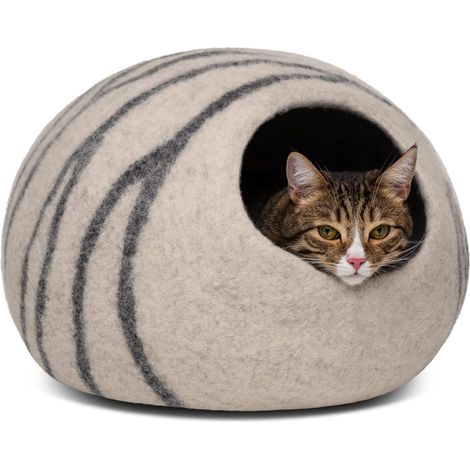 Cave à Chat en Feutre – Lit Grotte Cosy Laine Mérinos, Fait à la Main – Maison pour Chats et Chatons (Moyen, Gris Clair) (1/5)