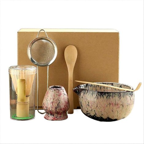 6-teiliges japanisches Matcha-Tee-Set bestehend aus einem Bambusbesen, einem Teelöffel, einer Matcha-Schale und einem Besenständer. Rosa. (1/5)