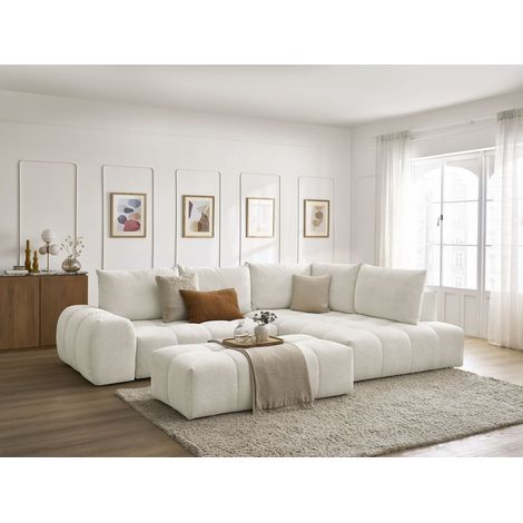 BOBOCHIC - Canapé d'angle L convertible coffre EVEREST tissu chiné avec pouf Angle droit Blanc (1/5)