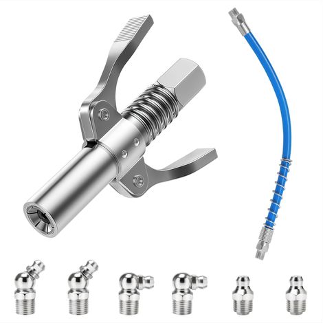 Coupleur de Pistolet à Graisse à Dégagement Rapide Double Poignée G Coupler Embout Pompe à Graisse avec 6 Buses et Tuyau Flexible de 30cm pour Toutes Les Voitures Automobiles (1/5)