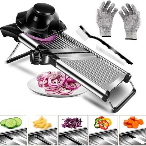 Affettatrice per verdure, acciaio inox, mandolina 5 in 1, tagliaverdure, multifunzionale, grattugia per verdure, affettatrice per cetrioli, affettatrice per cipolle, affettatrice da cucina, regolabile (1/5)