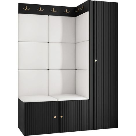 Meuble d'entrée Hartford 385, Noir, 186x124x46cm, MDF, Stratifié, Faux cuir, Murale, À poser
