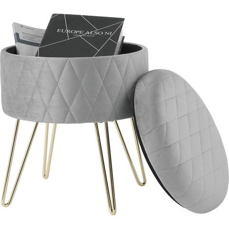 WOLTU Round Velvet Ottoman Footrest stools Compact Vanity Seat W/ Storage And Lid Light Grey (1/5)