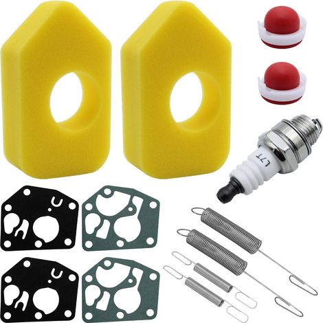 13 Lawn Mower Replacement Parts: 2 Air Filters, 1 L7T Spark Plug, 2 Primer Pumps, 4 Carburetor Diaphragms, 4 Governor Springs for Brigg Stratton Quattro Engine. (1/5)