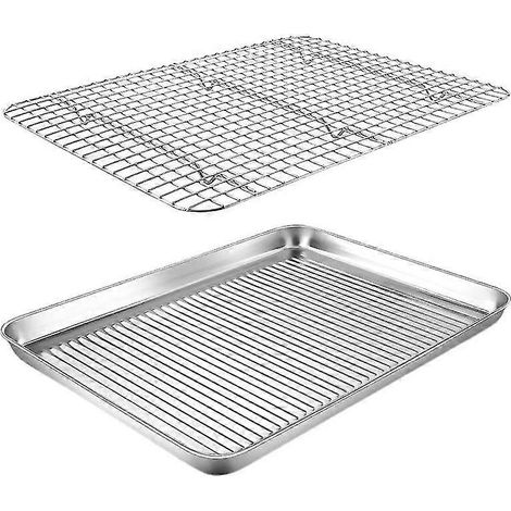 Plaque de cuisson rectangulaire en acier inoxydable avec grille, antiadhésive, robuste et résistante à la chaleur, idéale pour la cuisson au four, le rôtissage et le grillage. (1/5)