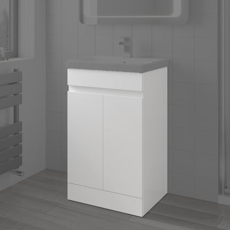 500mm Free Standing Vanity Unit Gloss White 2 Door Flat Pack Bathroom Modern (1/5)