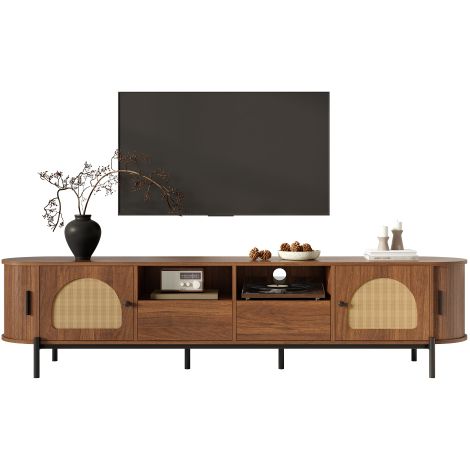 Meuble TV ovale rotin noyer 200cm, pieds métal, rangement multi-zones (1/5)