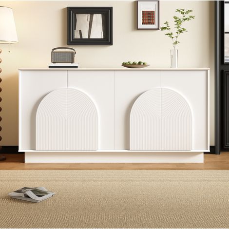 Buffet 4 portes à relief arqué, poignées intégrées, 160x38x80 cm, blanc mat, MDF, FloraGrace (1/5)