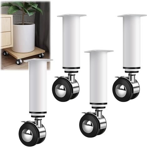 Pied de meuble à roulettes avec frein – Blanc – Hauteur réglable 8-12 cm – Roues caoutchouc silencieuses – Rotation 360° – Anti-rayures, charge élevée – Pour canapé, armoire, commode, table (1/4)