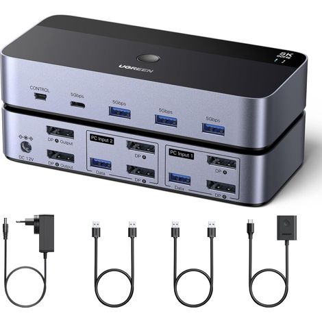 Switch KVM DisplayPort 2 Entrées 2 Sorties 8K 60Hz 2 Affichage 4 Ports USB 3A1C 5Gbps 4K 240Hz pour Clavier Souris Disque Dur Contrôleur de Bureau Câbles USB Inclus (1/5)