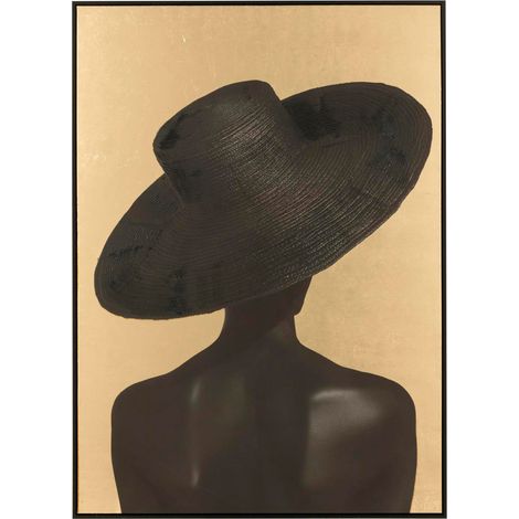 Toile murale femme au chapeau 102x142 cm doré et noir