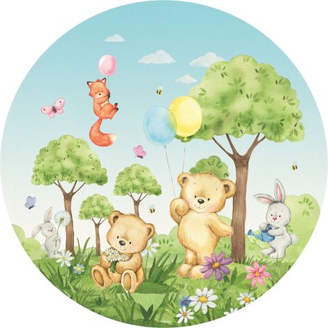 papier peint panoramique rond adhésif forêt avec des animaux de la forêt vert et bleu - Sanders & Sanders (1/3)