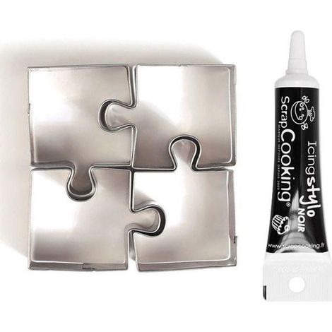 4 mini emporte-pièces inox Puzzle + Stylo de glaçage noir