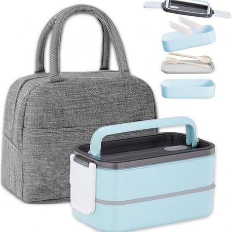 Bento Lunch Box Kit,1400 ml Double Couche Boite Repas avec Couverts et Sac Isotherme Repas, Bento Box pour Micro Ondes (1/3)