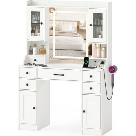 COSTWAY Modern Dressing Table Vanity Desk with Mirror and Lights-White (1/5)