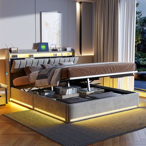 FOERPL-Polsterbett 140 x 190 cm mit Lattenrost, Bett 140 x 190 cm mit Stauraum, LED-Beleuchtung und USB-Anschlüssen, Doppelbett 140 x 190 cm mit Kopfteil und mit Lattenrost Polsterbetten