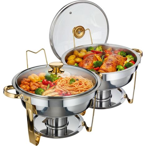 Chauffe-plats rond professionnel 5L inox avec couvercle en verre – Maintien au chaud buffet, traiteur, restaurant – vaste capacité, facile à nettoyer – Lot de 2, couleur or (1/5)