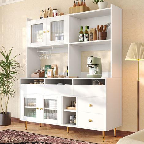 Küchenbuffet Hoch mit Türen aus Riffelglas, Schubladen und Weinregal, aus MDF, 145x39x171 cm, Weiß