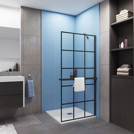 Paroi de douche à l'italienne style contemporain 80x200cm installé avec une barre de fixation d’angle de 45cm,livré avec étagère de douche noir