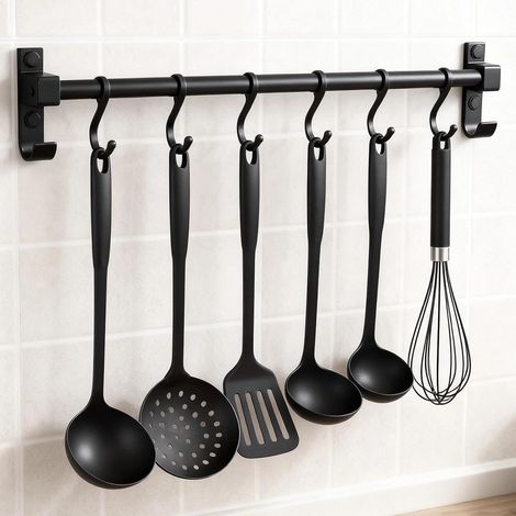 Porte-Ustensiles Mural 40 cm, Aluminium Barre de Ustensiles Suspension avec 6 Crochets Amovibles, Noir Support Mural Cuisine, Patère de Cuisine, pour Cuisines, Salles de Bains et Couloirs