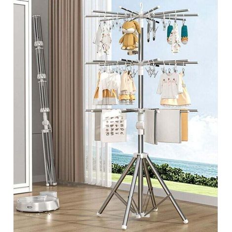 Tendedero plegable Crezuo, tendedero metálico con pinzas resistentes al viento para uso interior y exterior, percha para pañales y toallas de bebé con 3 niveles de soporte resistentes para balcones.-C