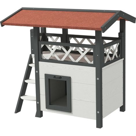 Maison pour chats extérieure avec balcon, escalier et toit, dimensions 77 x 50 x 73 cm, couleur blanc (1/5)