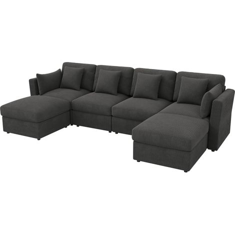ELVMI Sofá esquinero modular 4 a 6 plazas con reposabrazos ajustables y pufs móviles, en pana Gris (1/5)